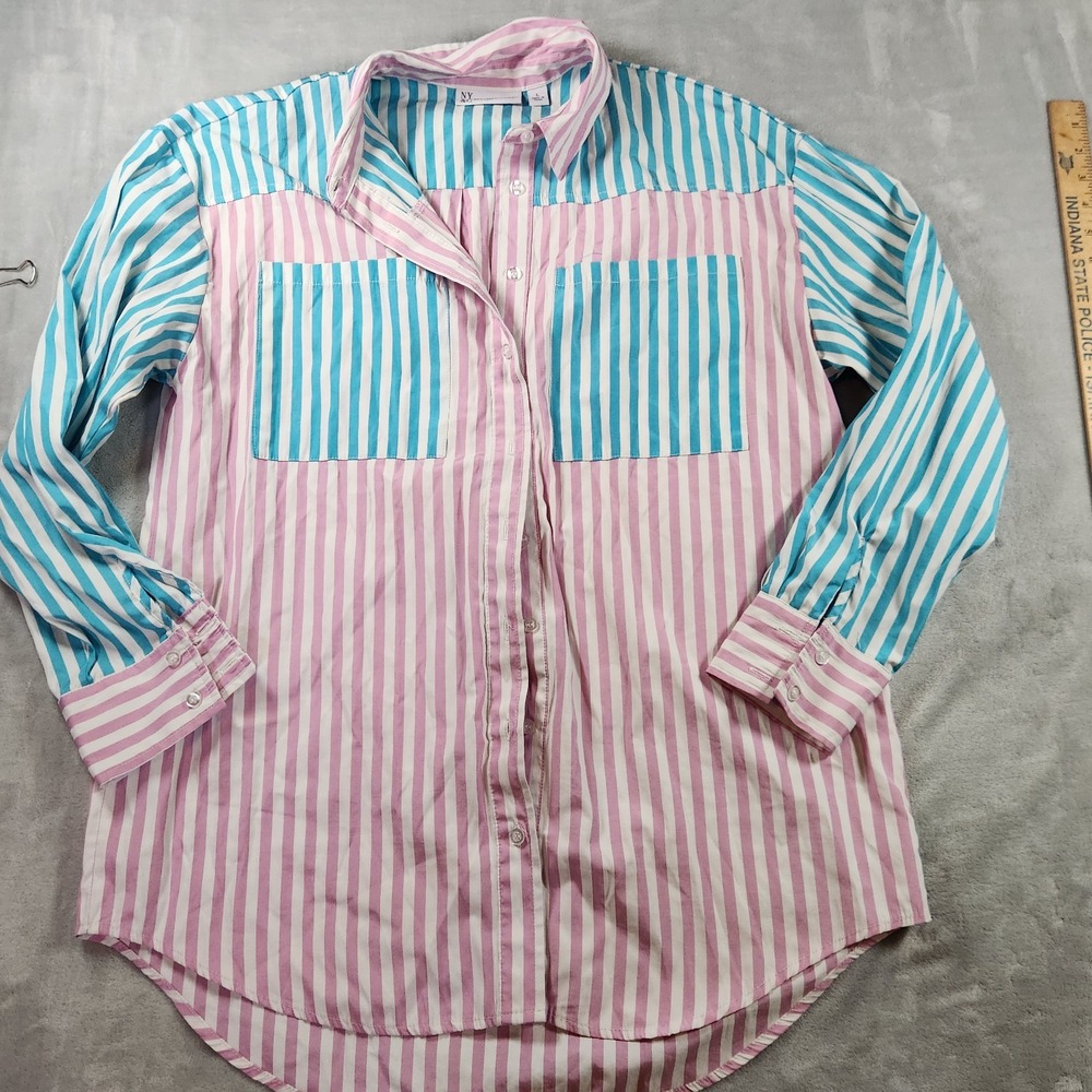 New‎ York & Company Pastel Colorblock Striped Womens LS Button Shirt Size Large